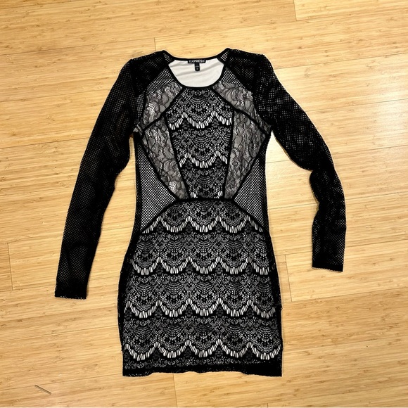 Express Black Lace Mesh Long Sleeve Bodycon Mini Dress Size Small Sexy Club Y2K - Picture 5 of 7